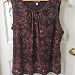 Croft & Barrow Brown Paisley Sleeveless Blouse with Braided Neckline Size Large